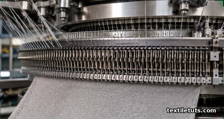 Close-up of a circular knitting machine producing fleece fabric from polyester yarn in a mill.