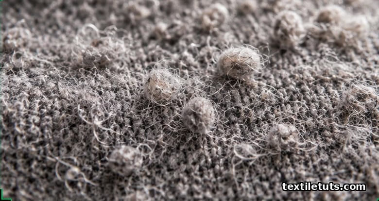 Extreme macro of fleece fabric surface showing tangled fiber pills and loose fuzz balls.