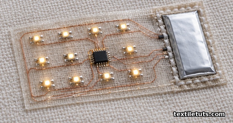 Flexible textile circuit on woven backing with a 4x3 grid of tiny LEDs, copper traces, microcontroller chip, and slim pouch battery.