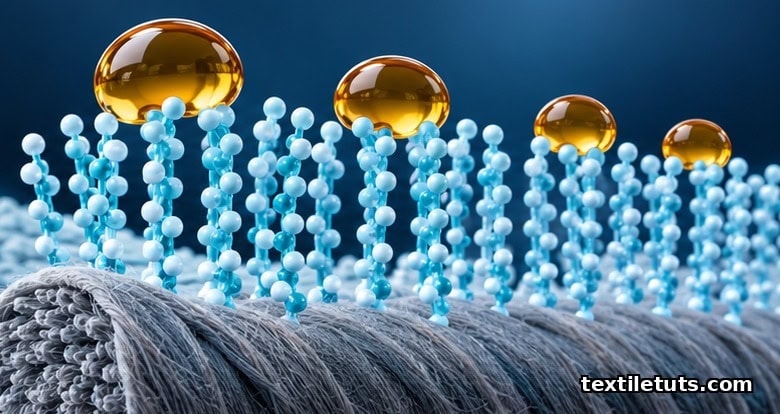 Scientific visualization of perfluorinated C6 alkyl chains oriented on a textile fiber, repelling oil droplets from the fabric surface.
