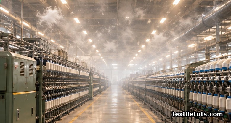 Wide view of a cotton spinning mill with airborne fly haze drifting over rows of carding machines and ring frames.