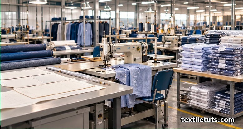 Garment factory floor showing three sourcing models: fabric cutting, assembly sewing, and finished garment labeling.