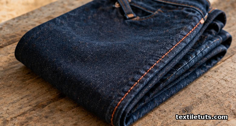 Folded dark indigo jeans with bright terracotta-orange stitching along the outer seam, resting on a rustic weathered wooden plank.