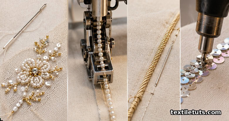 Workshop still life of hand sewing needle, embroidery bead foot, couching threads, and hot-fix sequin applicator on muslin.
