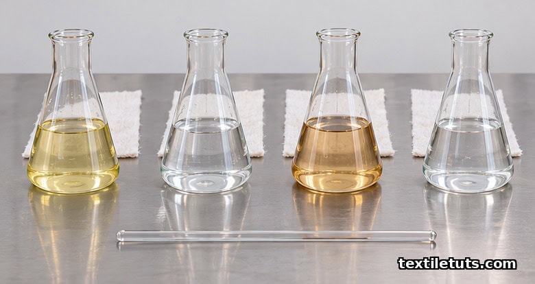 Four borosilicate Erlenmeyer flasks on a stainless lab bench, each holding a clear surfactant solution representing anionic, nonionic, cationic, and amphoteric classes.