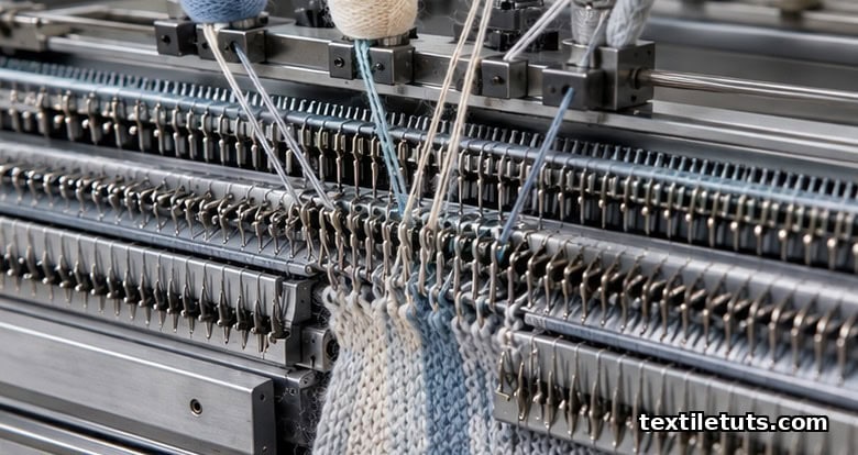 Close-up of a four-needle-bed flat knitting machine's needle beds with intarsia yarn carriers feeding fine yarn.