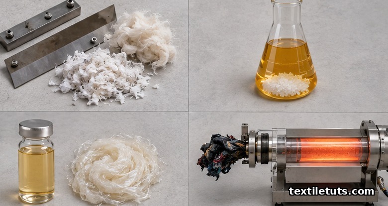Four textile recycling pathways shown as a flat-lay: mechanical shredding, chemical depolymerization, solvent purification, and thermal pyrolysis.