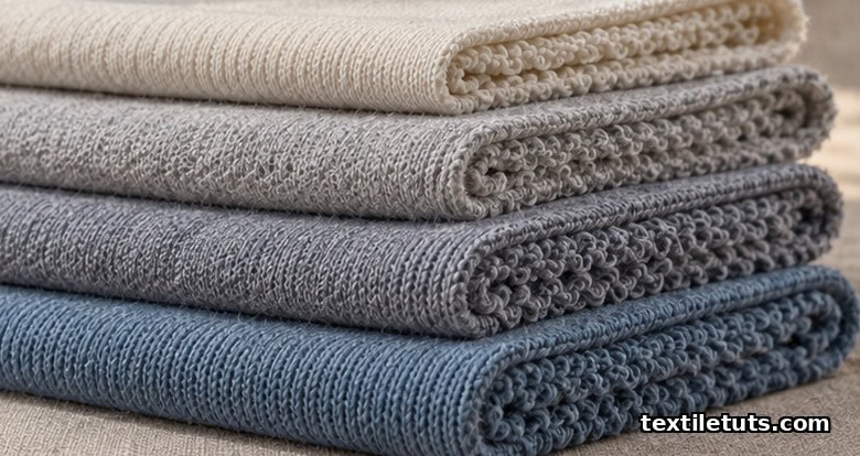 Stacked swatches of French terry fabric in cotton and cotton-polyester-elastane blends at varying GSM weights from 220 to 380.