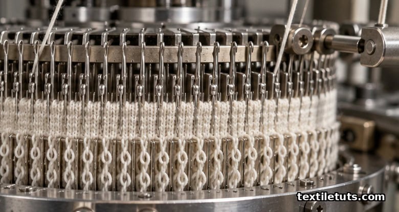 Close-up of a circular knitting machine forming French terry fabric, with ground yarn and loop-forming yarn creating the looped back.