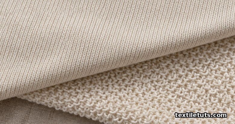 Close-up of uncut loops on the back of French terry fabric next to the smooth jersey face, showing the two-sided knit structure.
