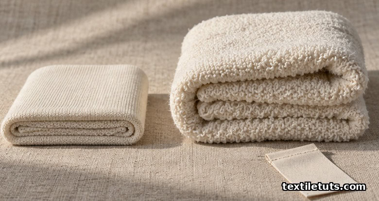 Two stacks of French terry fabric — one compact pre-shrunk sample, one loftier untreated loom-state — with a cotton care tag.