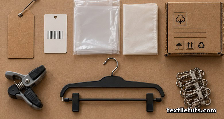 Packaging accessories on kraft paper: hang tag with pin, barcode label, LDPE polybag, biodegradable PLA bag, corrugated carton, clip, hanger, and clasp.