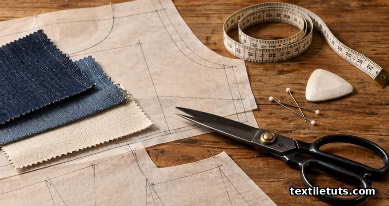 Flat-lay of pattern paper, fabric swatches, scissors, measuring tape, and tailor's chalk on a wooden table illustrating garment construction.