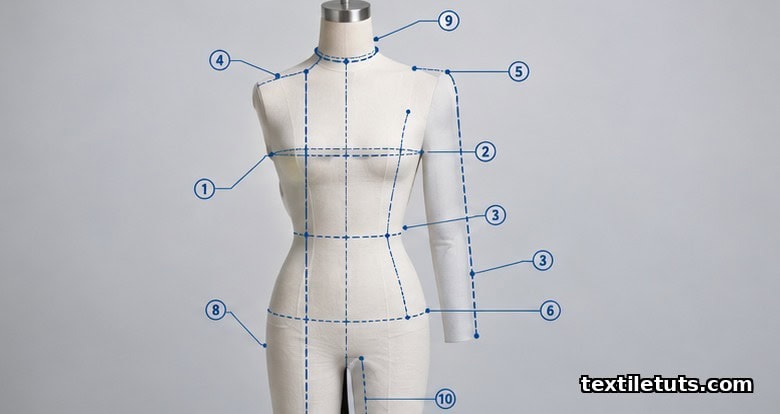 Dress form with dashed callout lines marking bust, waist, hip, sleeve, and inseam measurement landmarks for apparel spec.