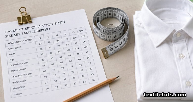 Garment spec sheet, steel tape, and folded woven shirt on a pattern maker's desk illustrating garment measurement charts.