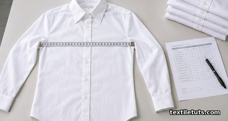 Finished woven shirt laid flat on a cutting table with a steel tape stretched across the chest and a size set report beside it.