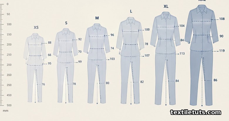 Nested garment silhouettes cascading from XS to XXL with measurement callouts showing how grading multiplies chart values.
