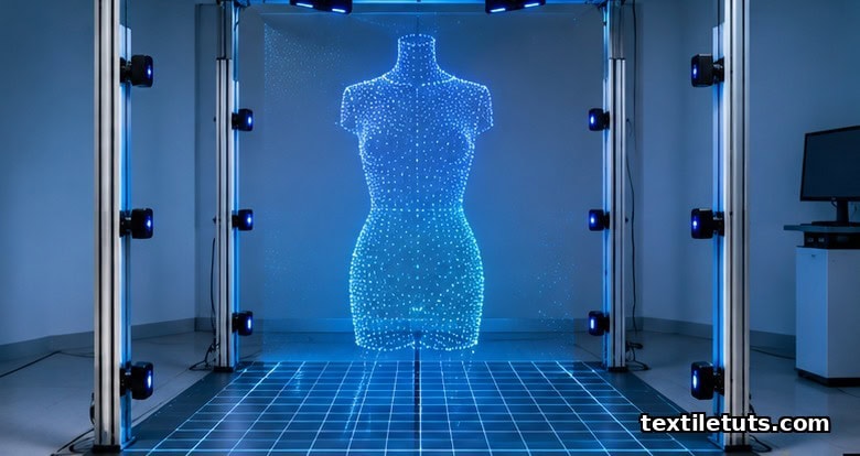 Body scanning booth with overhead sensor bars, calibration rods, and an abstract blue point-cloud mesh suspended in the scan zone.