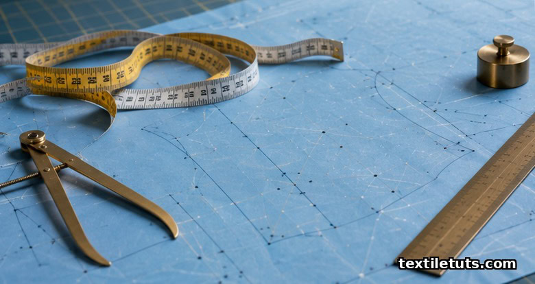 Measuring tapes, brass calipers, and a chalk-blue pattern sheet with landmark dots arranged on a cutting table.
