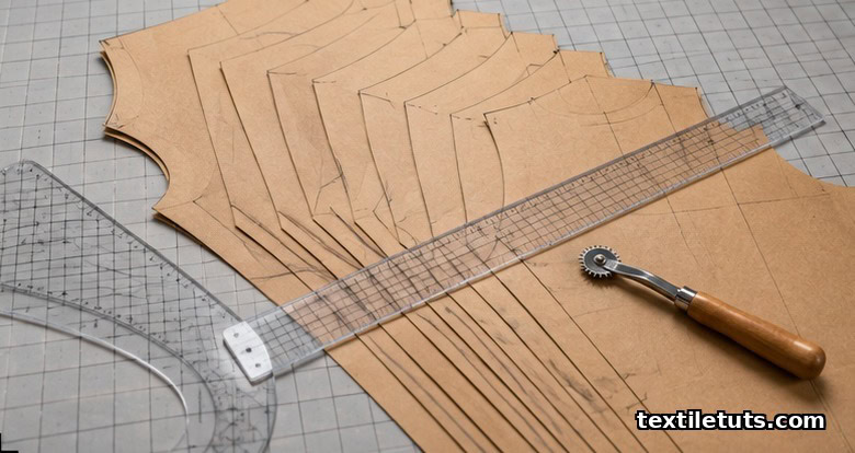 Nested kraft-brown apparel pattern pieces in a stepped size sequence on a gridded cutting table with acrylic rulers.