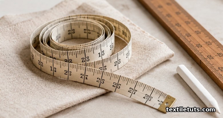 Cream measuring tape coiled on pale linen with a wooden tailor's ruler and chalk pencil, soft natural side light.