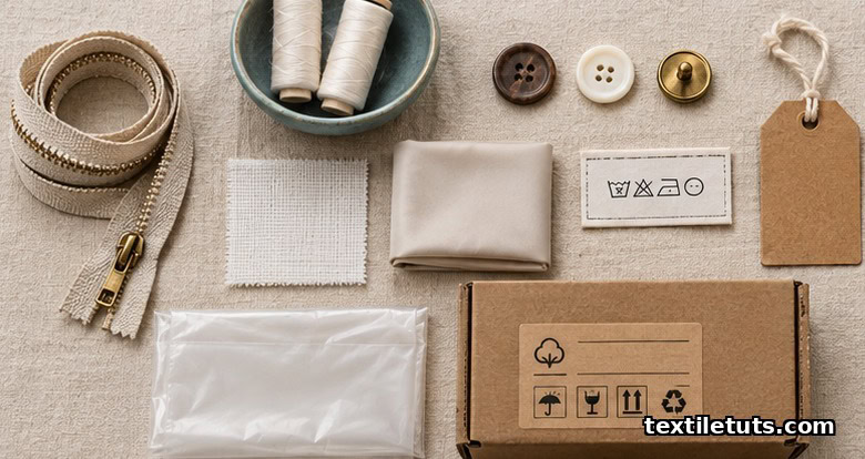 Top-down flatlay of garment trimmings and accessories on linen showing a metal zipper, buttons, thread spools, interlining, lining, label, hang tag, polybag, and carton.