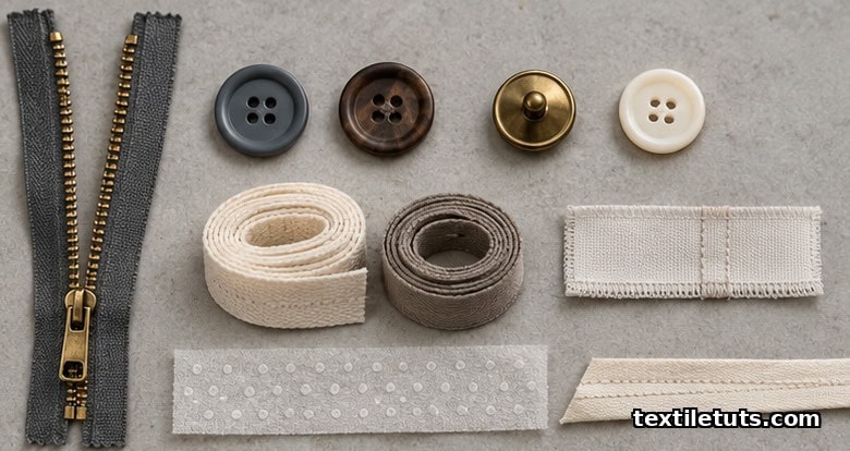 Flatlay of functional trimmings on stone-gray surface: metal zipper, assorted buttons, tape, woven label, fusible interlining, and bias-cut sewn interlining.