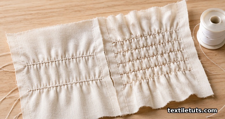 Editorial close-up of a cotton panel showing two parallel rows of 4mm gathering stitches and four elastic shirring rows creating honeycomb texture.