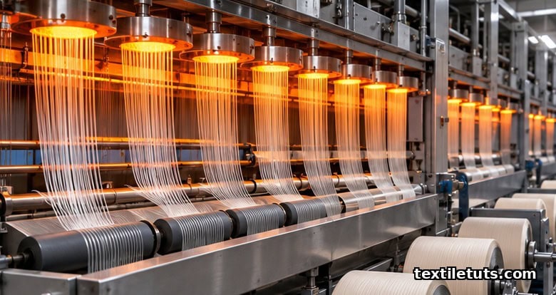 Industrial glass fiber spinning line with glowing platinum-rhodium bushings streaming fine filaments downward onto wound forming packages.
