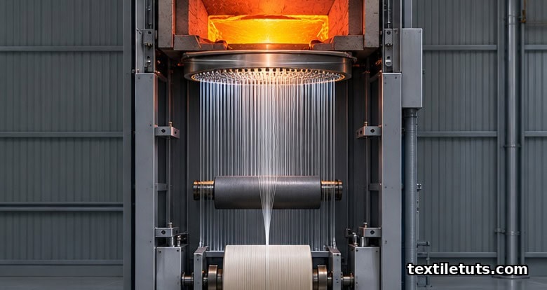 Vertical cross-section of continuous filament drawing from glowing molten glass furnace through bushing, cooling zone, and wound package.