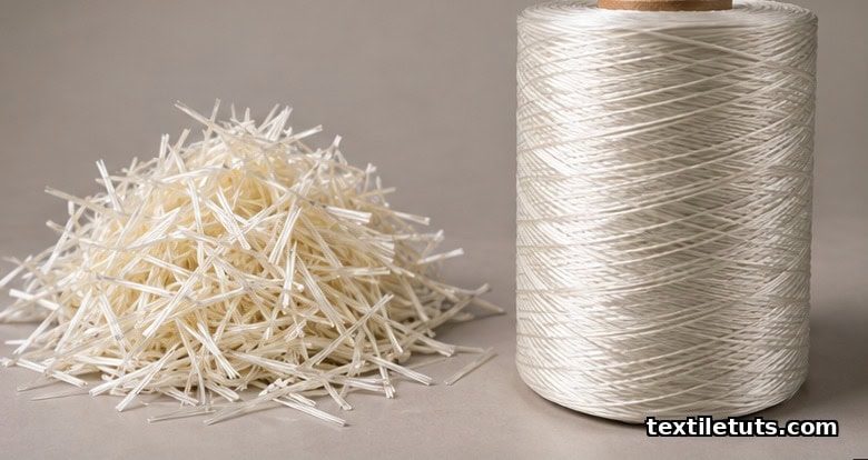 Side-by-side comparison of short chopped staple glass fibers piled randomly versus a spool of smooth continuous filament yarn.