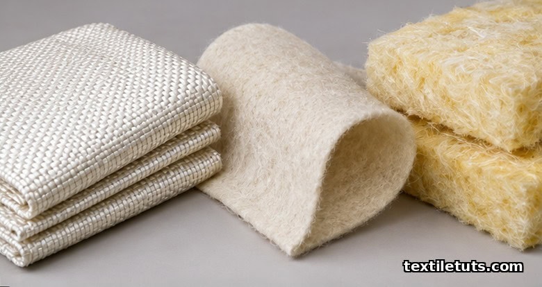 Three spun glass fiber textile products: folded fire blanket, curled filtration felt, and stacked thermal insulation batts.