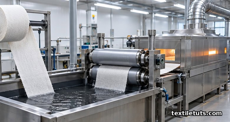Roll-to-roll dip-coating finishing line with knit fabric passing through a dark graphene oxide dispersion bath and padder rollers into a drying chamber.