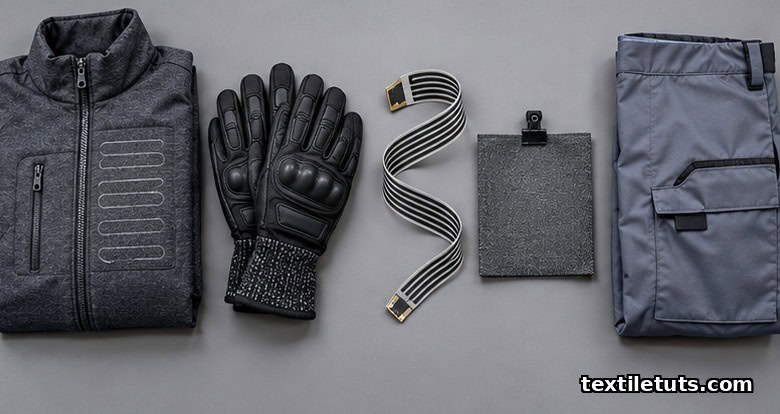 Flat-lay of graphene-textile end-use products including a heated jacket panel, motorcycle gloves, strain sensor strip, EMI shielding fabric, and antistatic workwear.