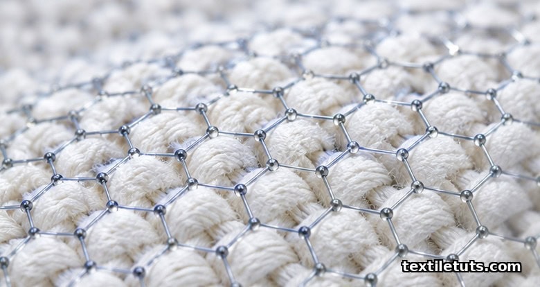 Macro view of woven cotton fabric with translucent hexagonal graphene lattice overlay showing single-atom carbon layer on textile fibers.