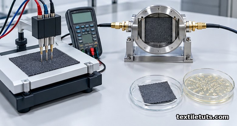 Lab benchtop with four-point probe sheet resistance test, coaxial EMI shielding holder, and antibacterial petri dish test on graphene-coated textile swatches.
