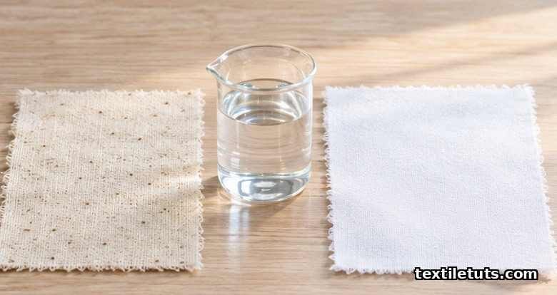 Side-by-side comparison of raw greige cotton fabric and bright bleached white cotton swatch with a small clear glass beaker between them.