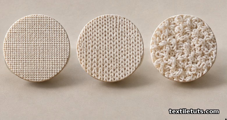 Three magnified circular fabric swatches showing woven cotton, knit jersey, and terry towel loop construction at increasing scales.