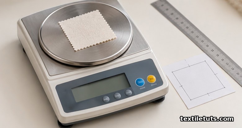 Close-up of a digital precision balance weighing a small square fabric sample with a 10 cm template and ruler beside it.
