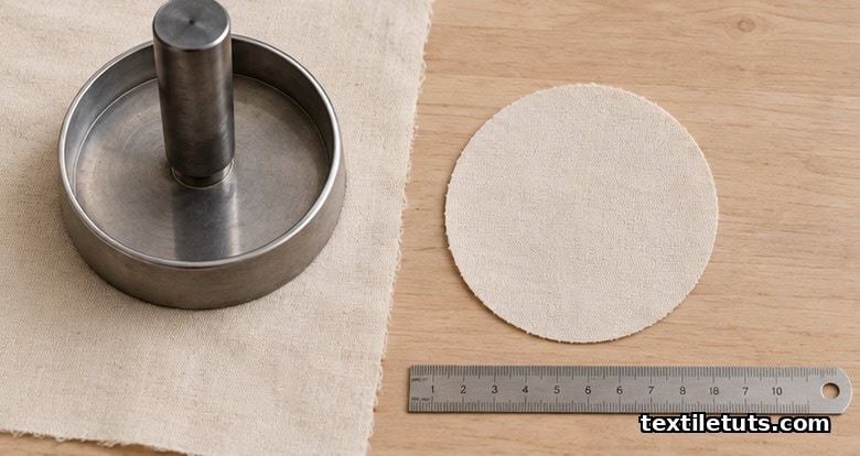 Top-down view of a circular GSM cutter die pressed into cotton fabric with a cut 100 cm² circular sample beside it.