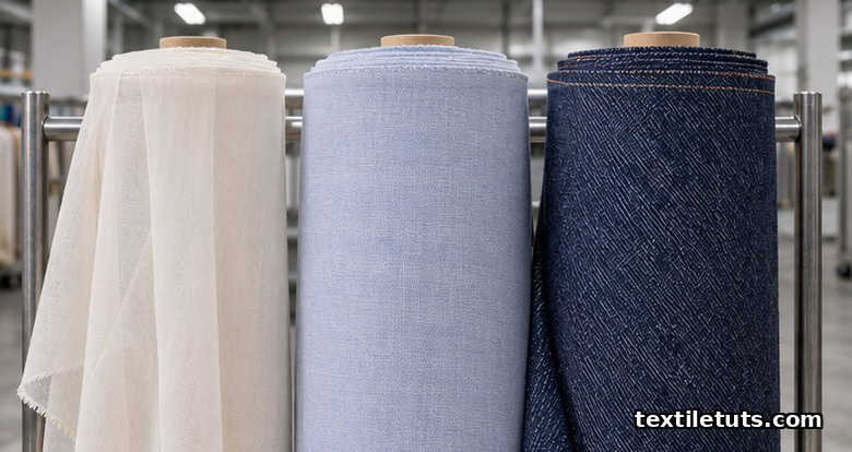 Three upright fabric rolls of different weights — chiffon, cotton shirting, and denim — arranged on a mill rack.