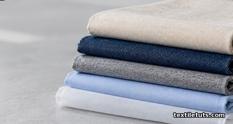 Stack of textile fabric swatches of varying weights used for GSM quality control testing.