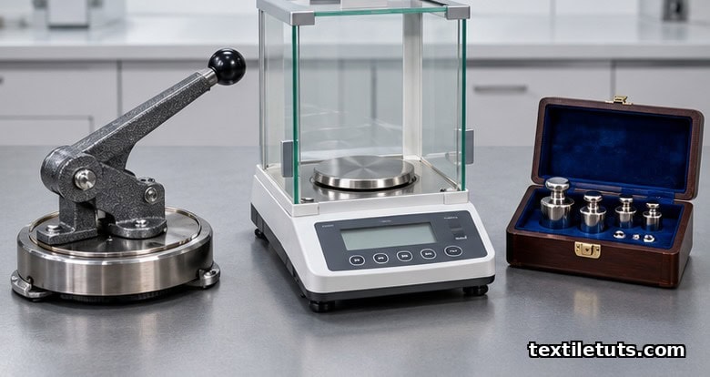 Circular GSM cutter with lever arm, analytical balance, and calibration weight set on a laboratory benchtop.