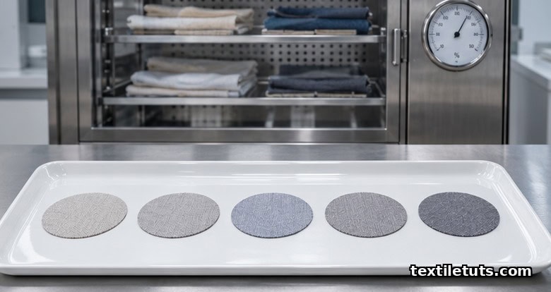 Five circular fabric specimens laid out on a lab tray beside a conditioning rack for GSM verification.