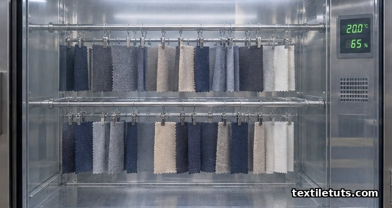 Worsted wool and cotton fabric swatches hanging inside a conditioning chamber at 20 degrees Celsius and 65 percent relative humidity for hand feel evaluation.