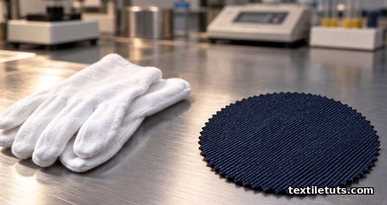 Worsted wool suiting swatch on a brushed steel textile testing bench beside folded white cotton inspection gloves for hand feel evaluation.