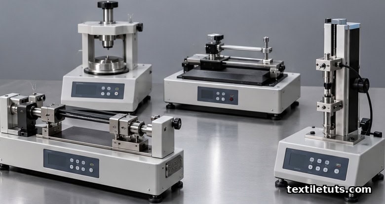 Four Kawabata KES instruments arranged on a textile lab bench for hand feel evaluation by tensile, shearing, bending, and surface friction testing.