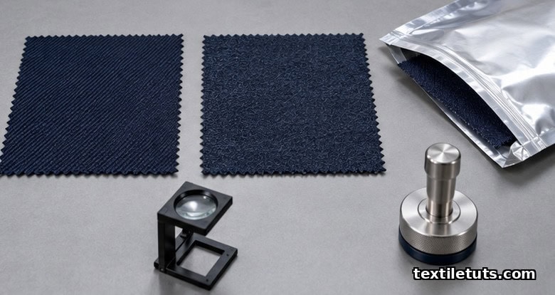 Bulk fabric swatch compared against a sealed reference swatch on a neutral inspection table for hand feel evaluation quality control.