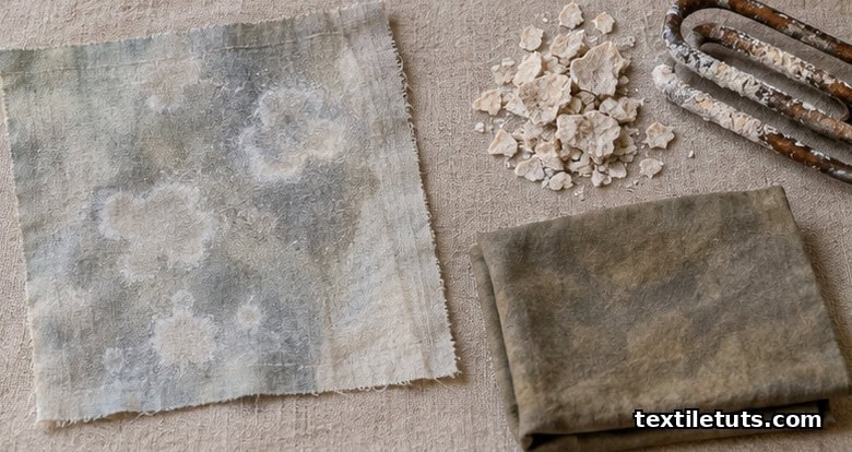 Pale cotton fabric with whitish soap scum patches and blotchy dye absorption beside flaky calcium scale from a heating coil