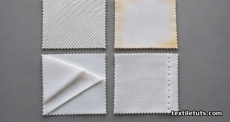 Four fabric swatches showing common heat-setting defects: skew, yellowing, stiffness, and pin marks.